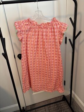THML Orange and Pink Geometric Smocked Neck Dress with Green Trim